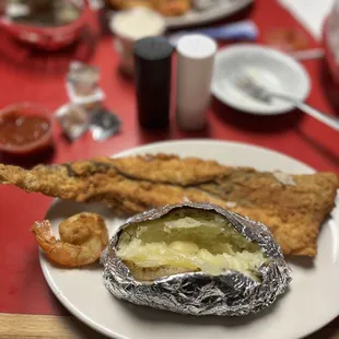 Fried trout, baked potato and a (swiped) fried shrimp