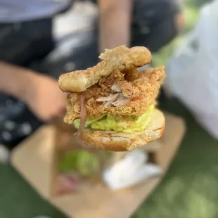 PITMAN FARMS ORGANIC CHICKEN ( BONELESS THIGH/LEG). ICEBURG LETTUCE, SONOMA BRINERY PICKLES, QP MAYO.