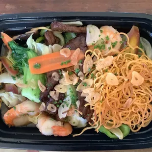 Crispy Noodles, Niman Ranch Flank Steak, U16 Prawns and Asian Brassicas with Hong Kong Noodles