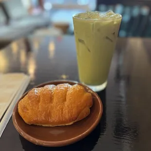 Iced Matcha Latte and Ham &amp; Muenster Cheese