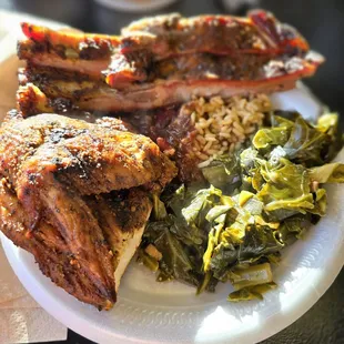 2 meat plate, smoked chicken, spare ribs, Collard greens, red beans on dirty rice.