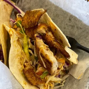 Blackened catfish tacos.