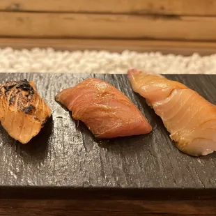 Seared salmon, oh-toro, hamachi