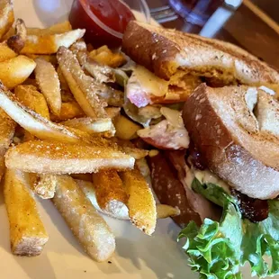 Club sandwich and fries