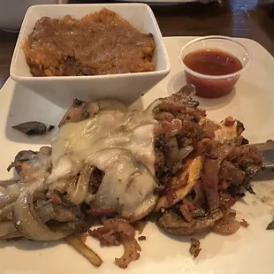 Smothered chicken with sweet potato casserole