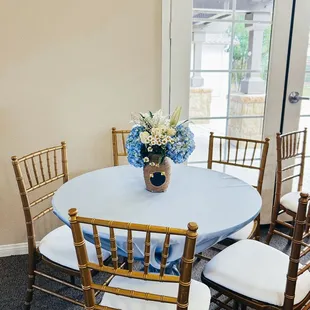 With small bites, 5 chairs around the smaller tables were perfect! And you have choices of the color pad.