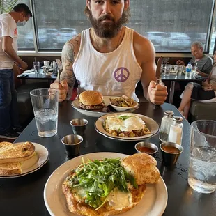 Goat cheese frittata, hash, bacon avocado burger