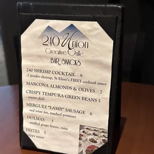 Bar snack menu