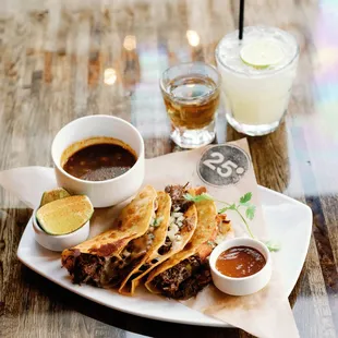 Taco Tuesday Special: short rib birria tacos served with consomme
