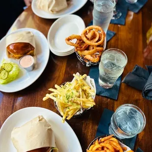 Truffle fries, curly fries, onion rings, burgers