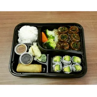 Inside out avocado rolls, beef teriyaki, spring roll