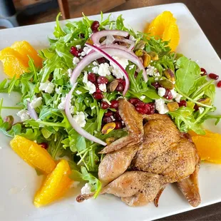 Pomegranate-pistachio salad with arugula, red onion, goat cheese, orange segments, honey citrus dressing, and a grilled quail