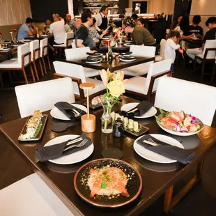 a restaurant with a table set for a meal