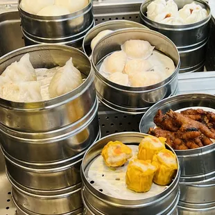 Shu Mai, Crystal Shrimp Dumplings, Phoenix Claws, Cha Siu Baos (BBQ Pork Buns)