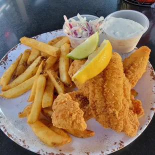 Fish n Chips. Asian fried Catfish, crispy seasoned fries and Cole slaw.