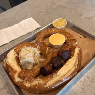 Delicious hot pretzel with great sausage and cheese!
