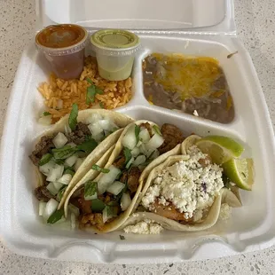 Variety of tacos on flour tortillas