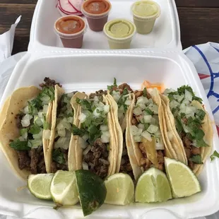 Tacos and Salsa. Carne Adasa to your left and pastor to the right.