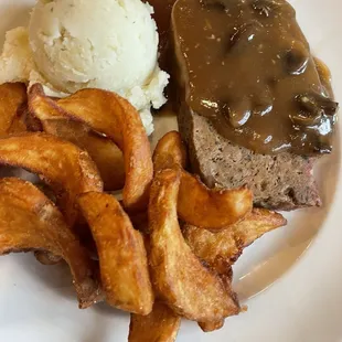 Meatloaf, mashed potatoes and fries