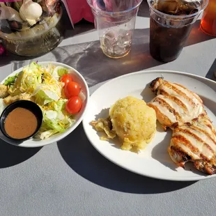Grilled chicken breast, mashed potatoes side salad