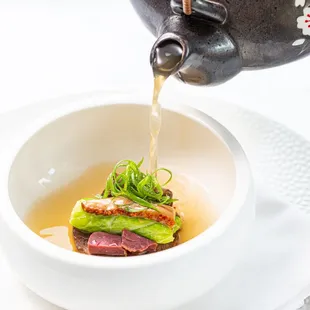 Beef Consommé: Beef Oxtail &amp; Tendon | Duck Foie Gras &amp; Gizzards | Cabbage Scallion