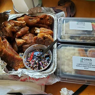 Crispy Pata, Lumpia Shanghai, Pork Sisig, Garlic Rice