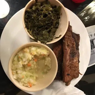 Ribs (kinda hungry size), slaw and greens.
