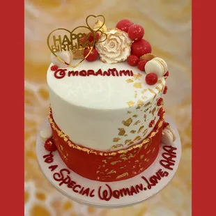 a red and white birthday cake