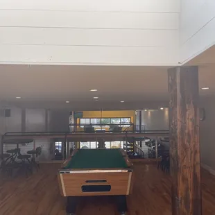a pool table in the middle of the room