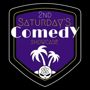 a purple shield with palm trees and the words comedy showcase