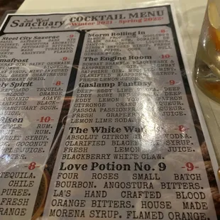 Mixed drink menu