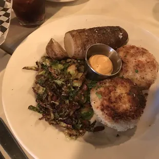 Crab cakes, bacon brussel sprouts, hasslebeck potato