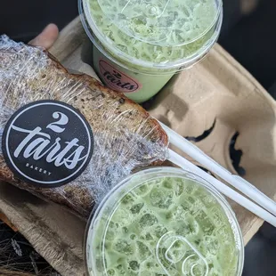 Iced matcha lattes and a slice of banana bread