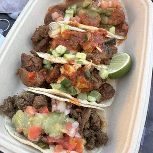 Carne Asada Taco, Spicy Pork Taco, Chicken Tikka Masala Taco