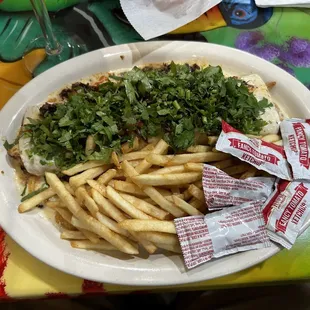 Street Burrito - a burrito with chicken and rice topped with chopped steak, onions and a mountain of cilantro.