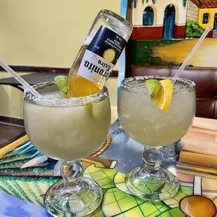 Frozen margarita with Corona beer (left) and Margarita on the rocks (right)