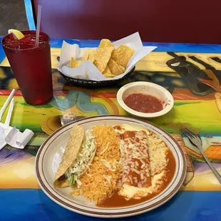 Ground beef taco, cheese enchilada and rice. Chips and salsa