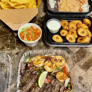 Guac &amp; chips, plantains, and fajitas mixtas