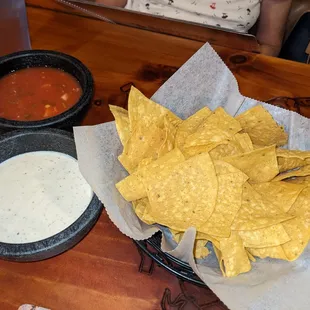 Chips with salsa and white sauce dips