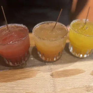 Margarita flight- left to right: strawberry, peach, mango