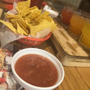 Chips in salsa, 2nd serving, salsa in to go container ;)