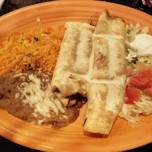 My favorite dish,  Chimichangas fried one chicken one beef. I love going here with colleagues after work for Taco Tuesday!
