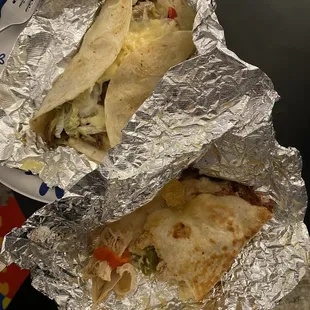 Taco and inside of chicken quesadilla