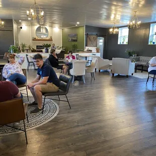 a group of people sitting in a coffee shop