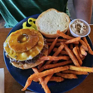 The Burger with Pineapple and sweet potato fries.