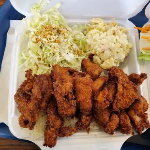 Pork cutlet with slaw and Mac salad
