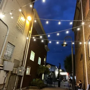 Outdoor seating between the buildings