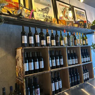 shelves of wine bottles