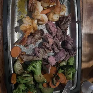 Steak and 4 Jumbo Shrimp with the seasonal veggies! My fav!