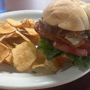 a burger and chips on a plate